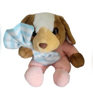 Commonwealth Brown Puppy Dog Plush Pink PJ  with Blue Blanket Stuffed Animal